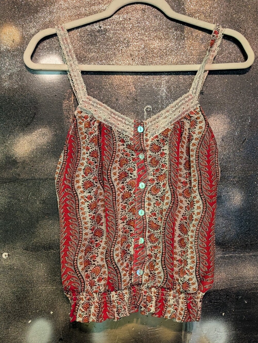 Body Central Red Floral Button-Front Lace-Trim Camisole